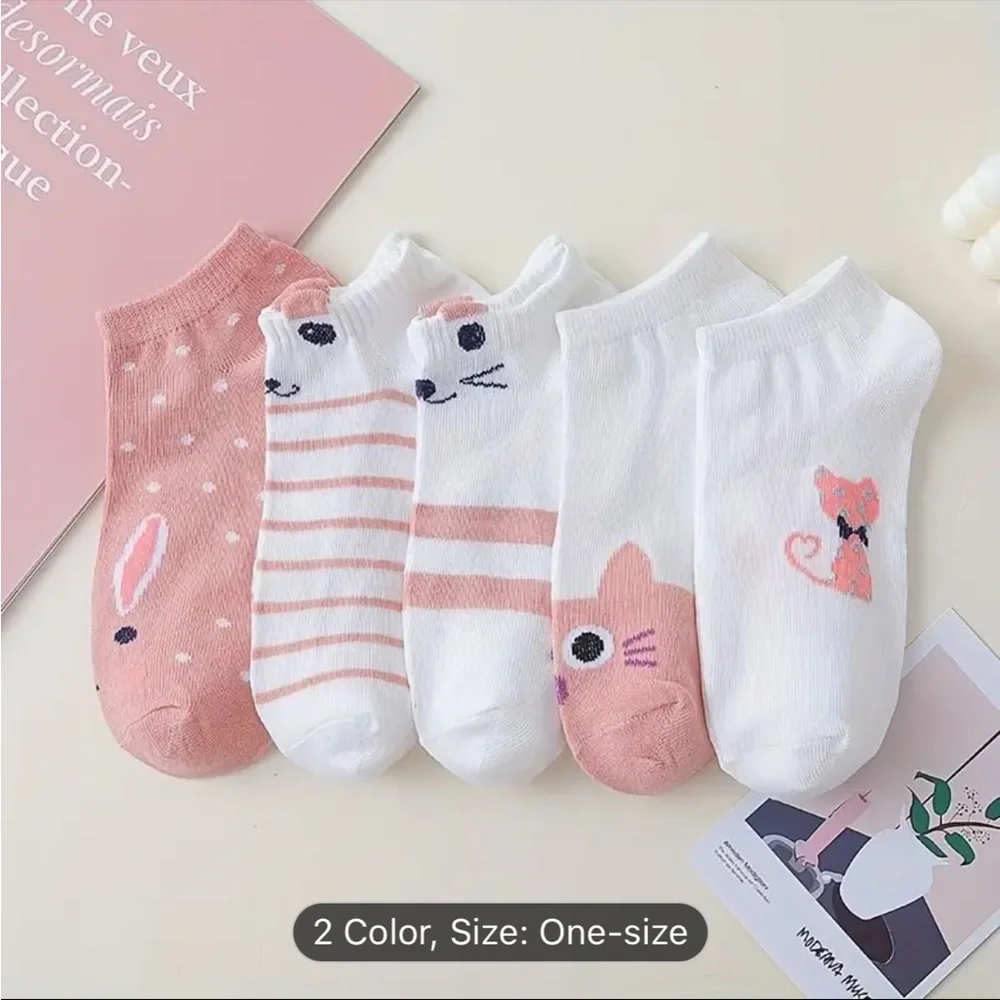 5 Pairs Cute Cat Print Short Socks,‎ NWT